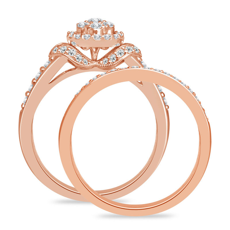 Main Image 3 of 3/4 CT. T.W. Composite Diamond Frame Vintage-Style Bridal Set in 10K Rose Gold