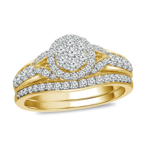 3/4 CT. T.W. Composite Diamond Frame Vintage-Style Bridal Set in 10K Gold 3/4 CT. T.W. Composite Diamond Frame Vintage-Style Bridal Set in 10K Gold