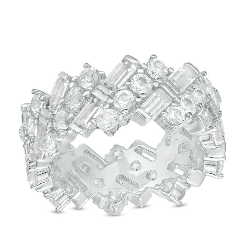 Emerald-Cut and Round Lab-Created White Sapphire Zig-Zag Ring in Sterling Silver