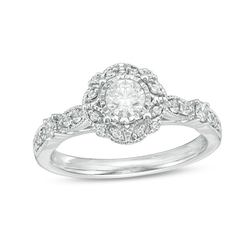Main Image 1 of 5/8 CT. T.W. Diamond Frame Vintage-Style Engagement Ring in 14K White Gold