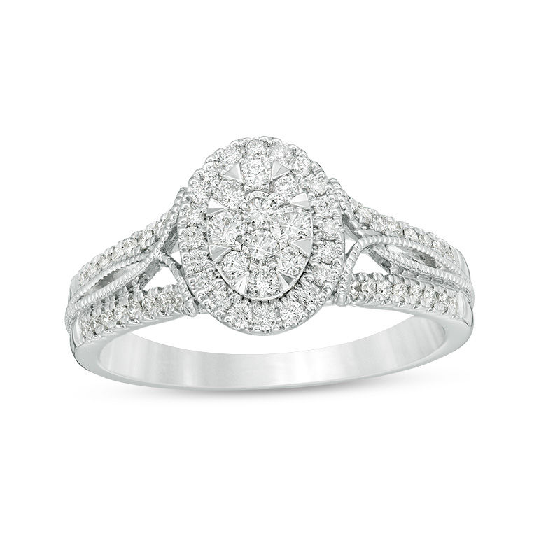 Main Image 1 of 1/2 CT. T.W. Composite Diamond Oval Frame Twist Vintage-Style Engagement Ring in 10K White Gold