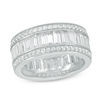 Thumbnail Image 1 of Emerald-Cut and Round Lab-Created White Sapphire Triple Row Band in Sterling Silver