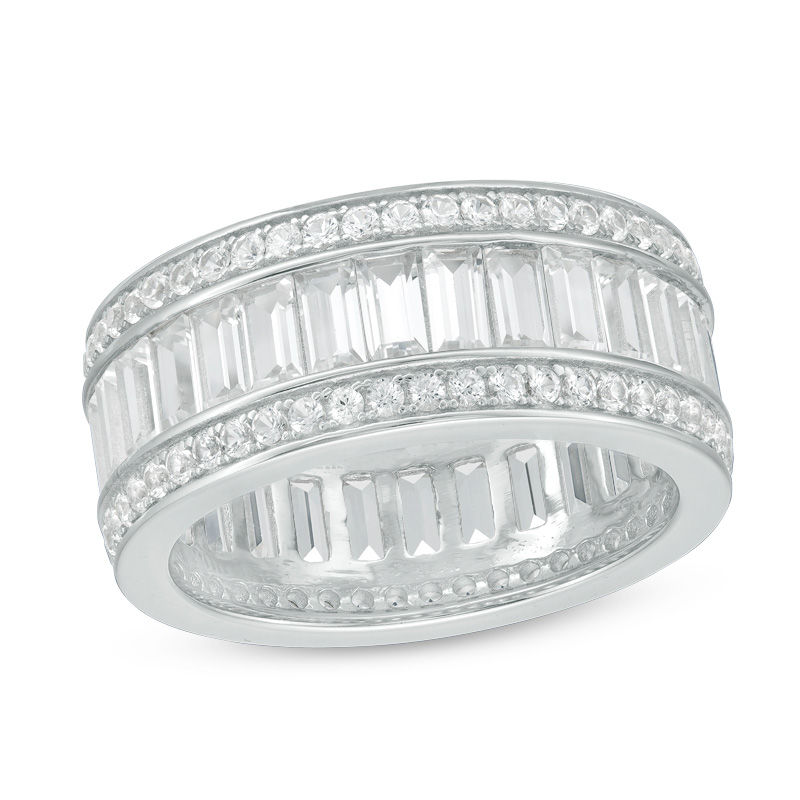 Emerald-Cut and Round Lab-Created White Sapphire Triple Row Band in Sterling Silver