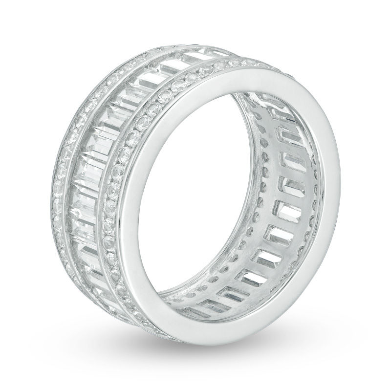 Emerald-Cut and Round Lab-Created White Sapphire Triple Row Band in Sterling Silver