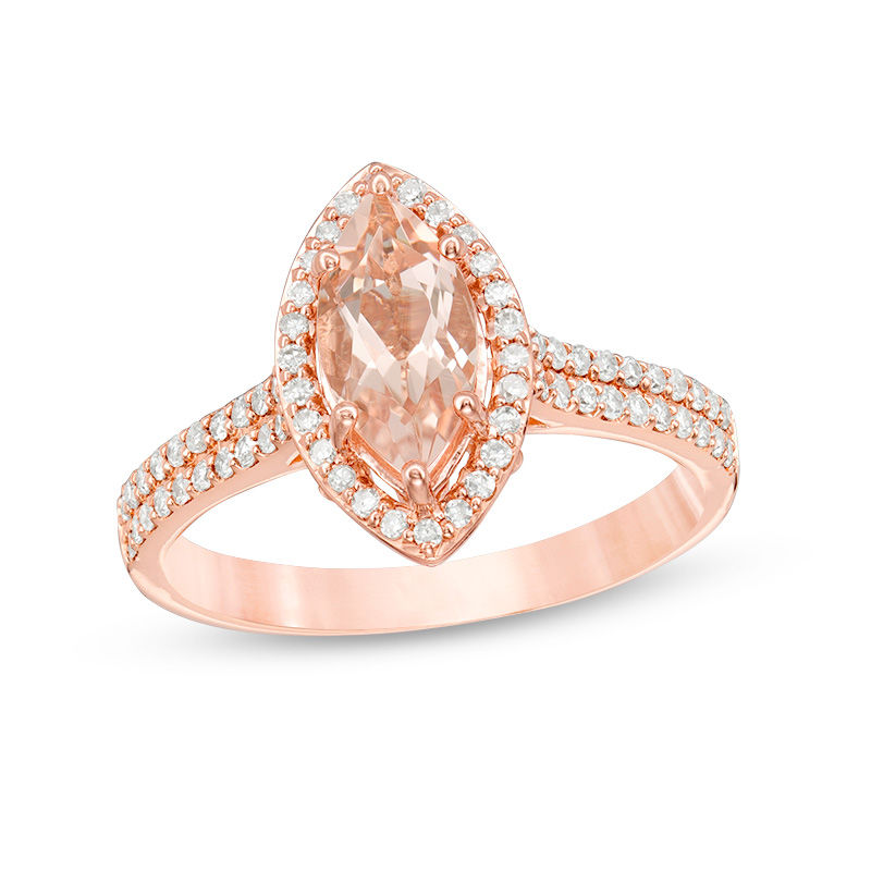 Marquise Morganite and 1/3 CT. T.W. Diamond Frame Double Row Ring in 10K Rose Gold