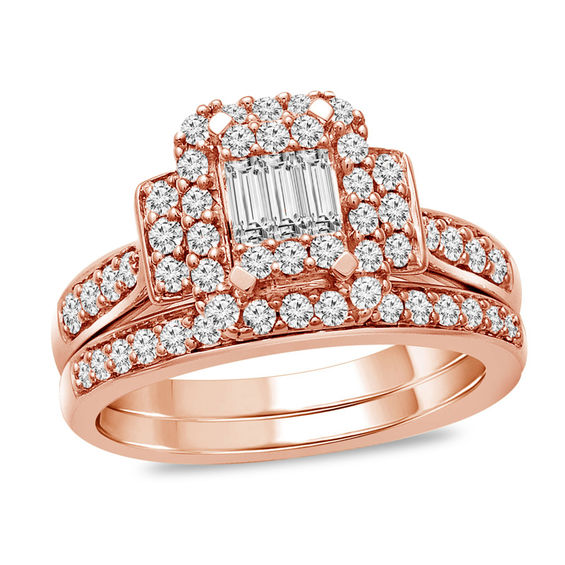 3/4 CT. T.W. Composite Diamond Rectangle Frame Collar Bridal Set in 10K Rose Gold 3/4 CT. T.W. Composite Diamond Rectangle Frame Collar Bridal Set in 10K Rose Gold