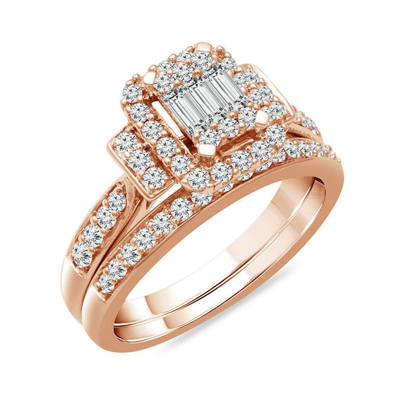 3/4 CT. T.W. Composite Diamond Rectangle Frame Collar Bridal Set in 10K Rose Gold 3/4 CT. T.W. Composite Diamond Rectangle Frame Collar Bridal Set in 10K Rose Gold