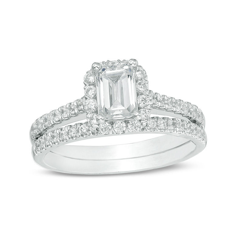 Main Image 1 of 1-1/5 CT. T.W. Certified Emerald-Cut Diamond Frame Bridal Set in 14K White Gold (I/SI2)