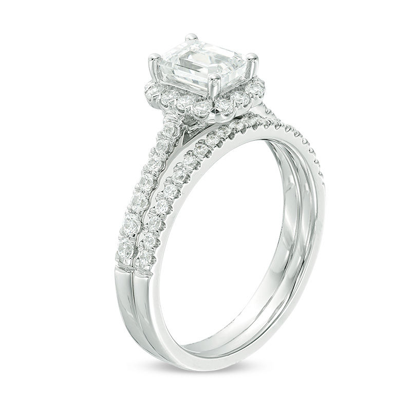 Main Image 2 of 1-1/5 CT. T.W. Certified Emerald-Cut Diamond Frame Bridal Set in 14K White Gold (I/SI2)