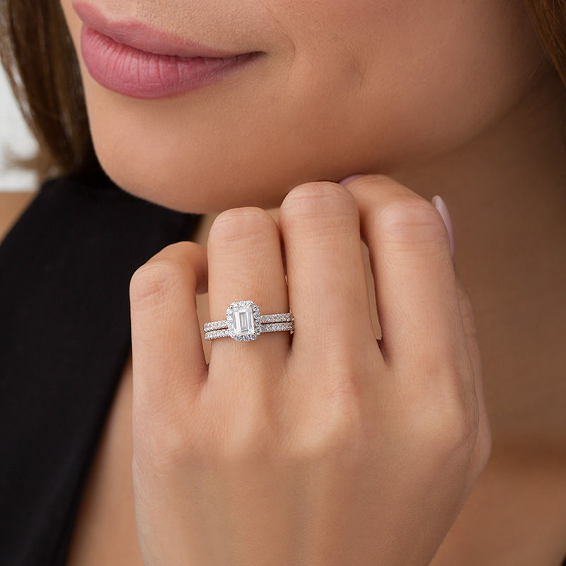 Main Image 3 of 1-1/5 CT. T.W. Certified Emerald-Cut Diamond Frame Bridal Set in 14K White Gold (I/SI2)
