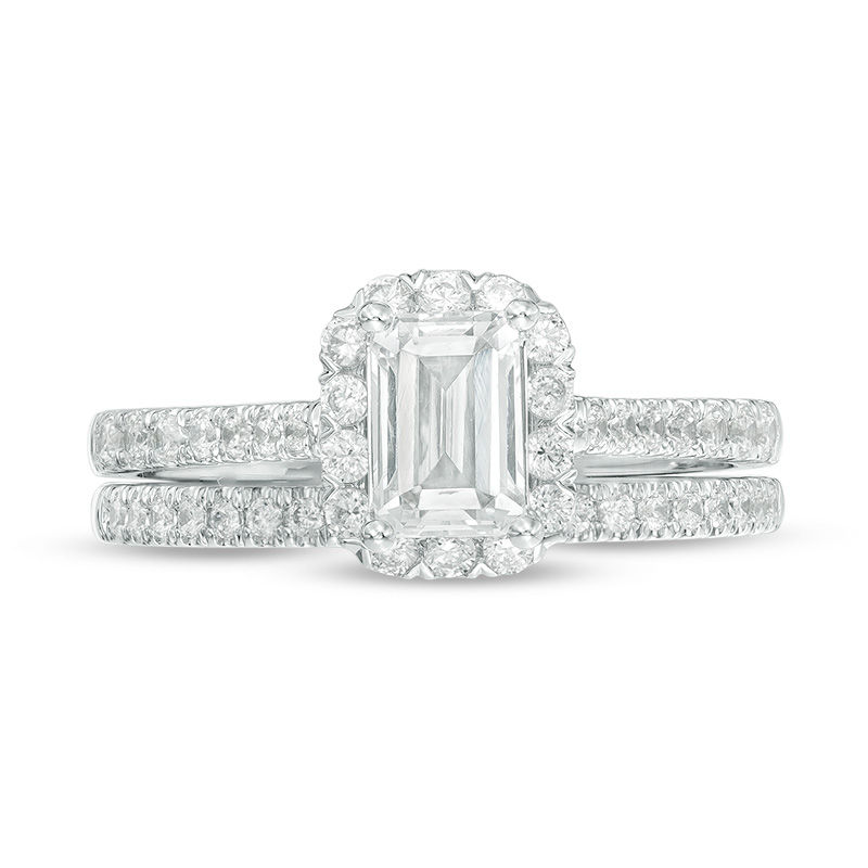 Main Image 6 of 1-1/5 CT. T.W. Certified Emerald-Cut Diamond Frame Bridal Set in 14K White Gold (I/SI2)