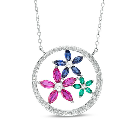 Lab-Created Multi-Gemstone and Diamond Accent Circle with Flowers Necklace in Sterling Silver