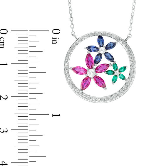 Lab-Created Multi-Gemstone and Diamond Accent Circle with Flowers Necklace in Sterling Silver