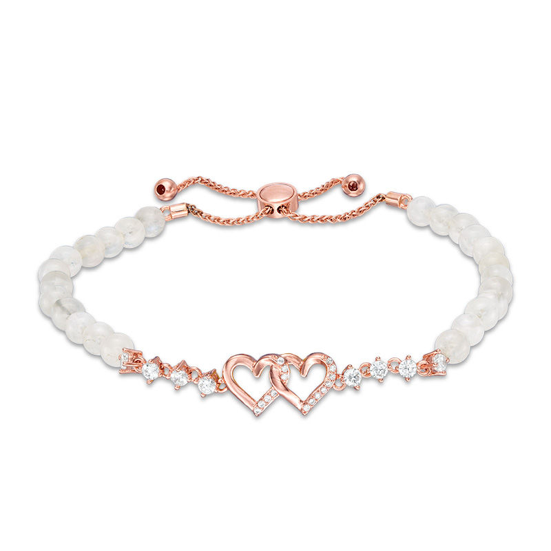 Main Image 1 of 4.0mm Moonstone Bead and Lab-Created White Sapphire Hearts Bolo Bracelet in Sterling Silver and 18K Rose Gold Plate - 9"