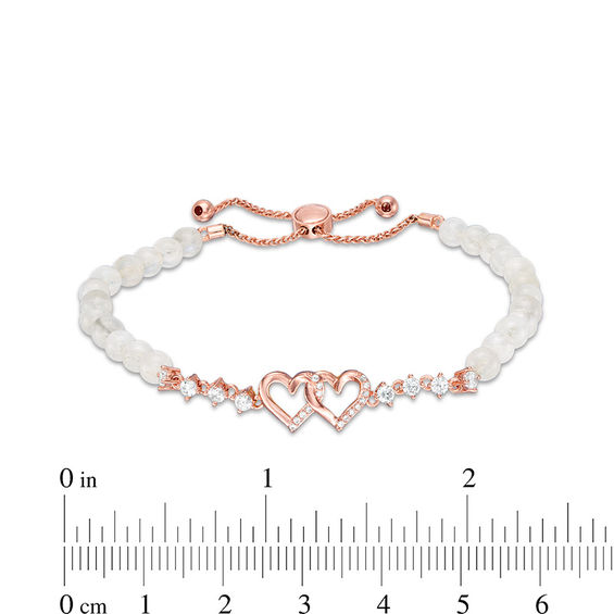4.0mm Moonstone Bead and Lab-Created White Sapphire Hearts Bolo Bracelet in Sterling Silver and 18K Rose Gold Plate - 9"