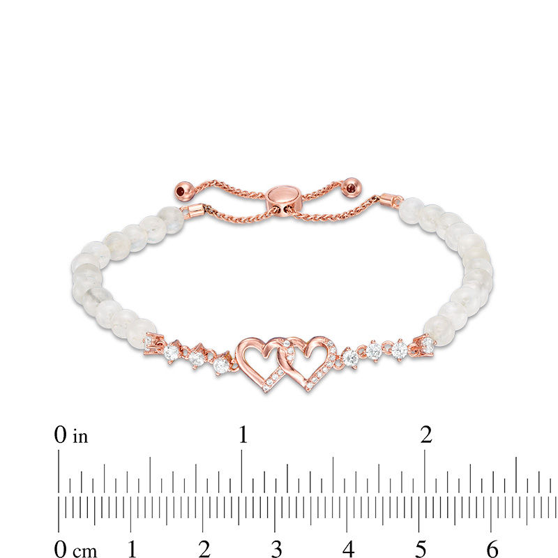 Main Image 2 of 4.0mm Moonstone Bead and Lab-Created White Sapphire Hearts Bolo Bracelet in Sterling Silver and 18K Rose Gold Plate - 9"