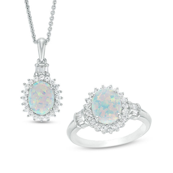 Oval Lab-Created Opal and White Sapphire Sunburst Frame Pendant and Ring Set in Sterling Silver