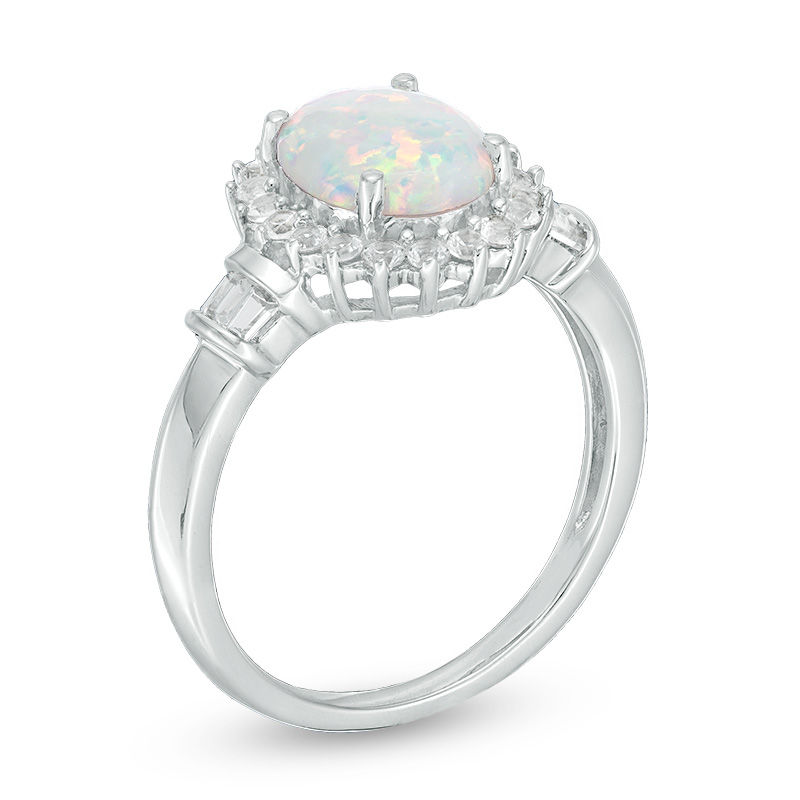 Main Image 2 of Oval Lab-Created Opal and White Sapphire Sunburst Frame Pendant and Ring Set in Sterling Silver