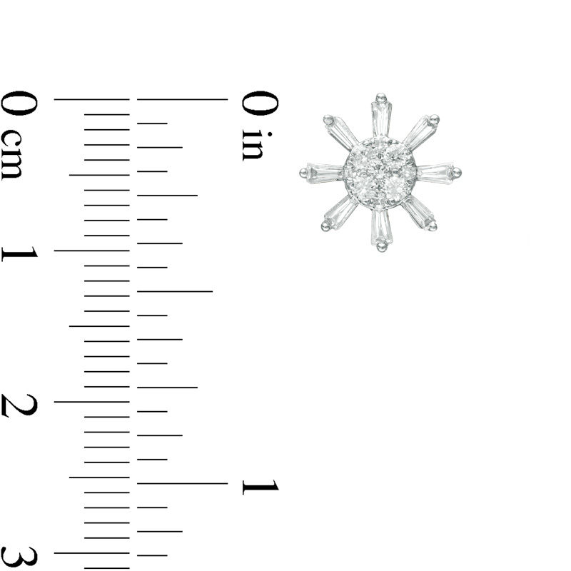 Main Image 2 of 1/2 CT. T.W. Baguette and Round Diamond Sunburst Stud Earrings in 10K Gold