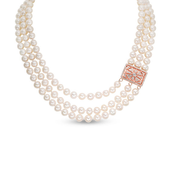 Cultured Freshwater Pearl and Lab-Created White Sapphire Necklace in Sterling Silver with 14K Rose Gold Plate - 20" Cultured Freshwater Pearl and Lab-Created White Sapphire Necklace in Sterling Silver with 14K Rose Gold Plate - 20"