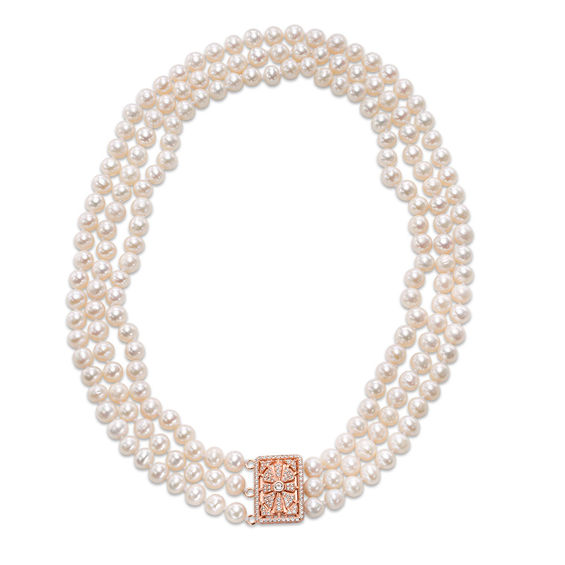 Cultured Freshwater Pearl and Lab-Created White Sapphire Necklace in Sterling Silver with 14K Rose Gold Plate - 20" Cultured Freshwater Pearl and Lab-Created White Sapphire Necklace in Sterling Silver with 14K Rose Gold Plate - 20"