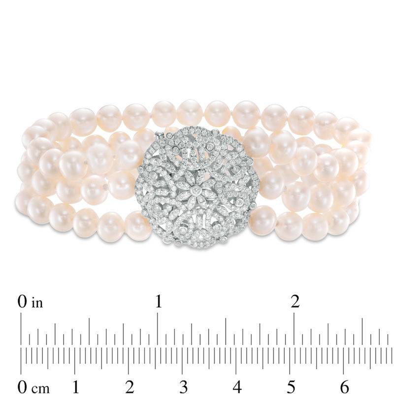 Cultured Freshwater Pearl Three Strand Bracelet with Lab-Created White Sapphire Filigree Clasp in Sterling Silver - 7.5"