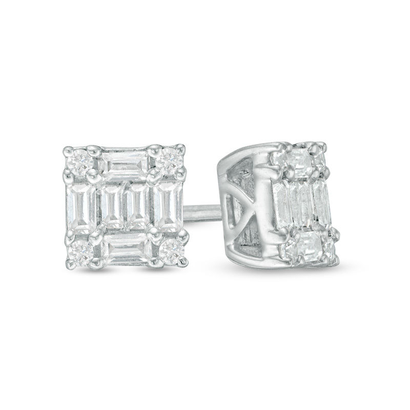 1/4 CT. T.W. Baguette and Round Composite Diamond Stud Earrings in 10K White Gold