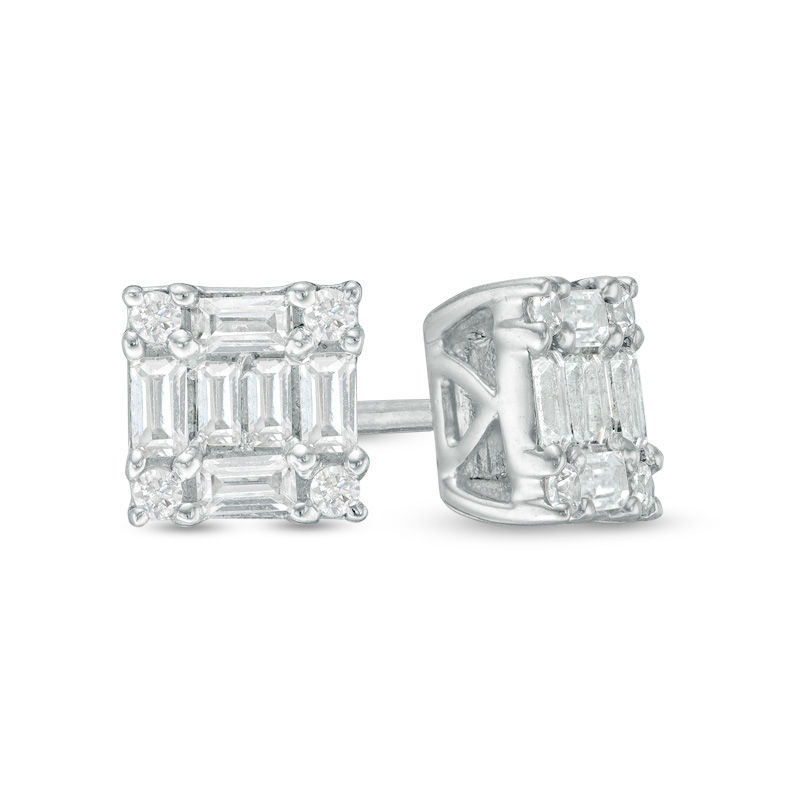 Main Image 1 of 1/4 CT. T.W. Baguette and Round Composite Diamond Stud Earrings in 10K White Gold