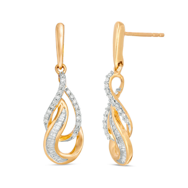 Main Image 1 of 1/3 CT. T.W. Baguette and Round Diamond Double Teardrop Earrings in 10K Gold