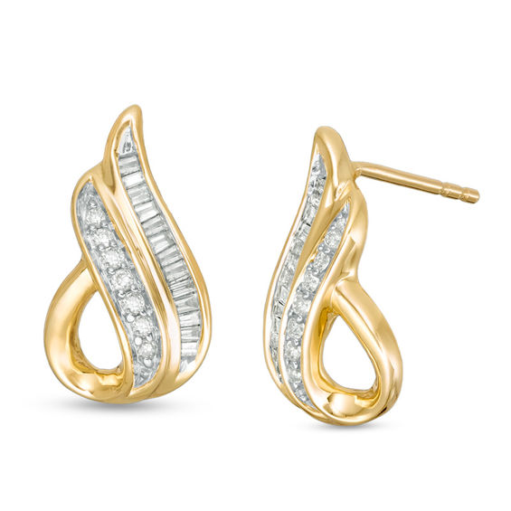 1/5 CT. T.w. Baguette and Round Diamond Teardrop Earrings in 10K Gold