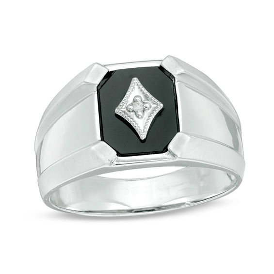Octagon Onyx and Diamond Accent Vintage-Style Signet Ring in 10K White Gold
