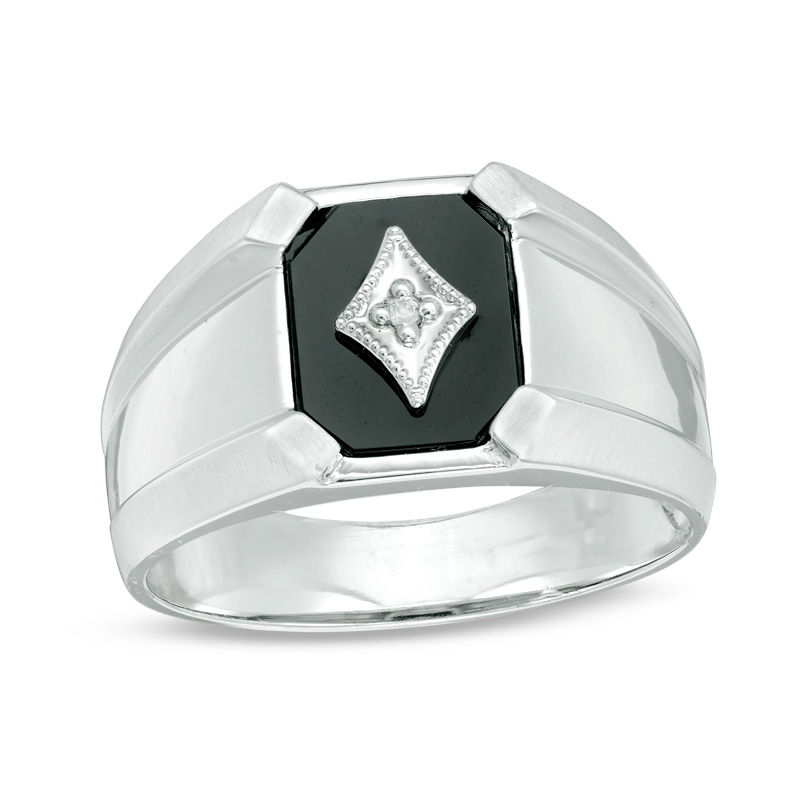 Men's Octagon Onyx and Diamond Accent Vintage-Style Signet Ring in 10K White Gold