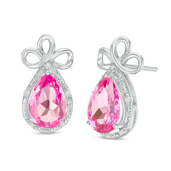 Pear-Shaped Lab-Created Pink Sapphire and 1/20 CT. T.W. Diamond Frame Triple Loop Ribbon Drop Earrings in 10K White Gold Pear-Shaped Lab-Created Pink Sapphire and 1/20 CT. T.W. Diamond Frame Triple Loop Ribbon Drop Earrings in 10K White Gold