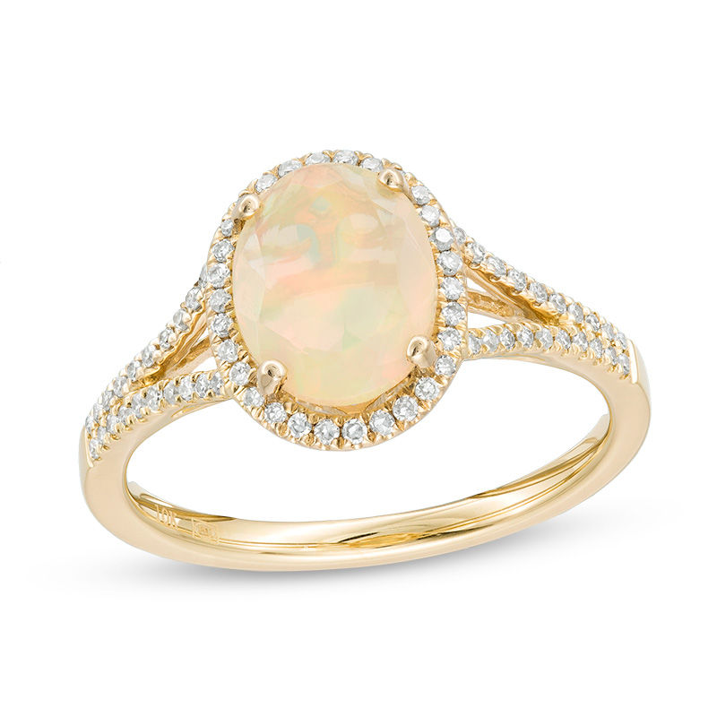 Main Image 1 of Oval Opal and 1/5 CT. T.W. Diamond Frame Split Shank Ring in 10K Gold