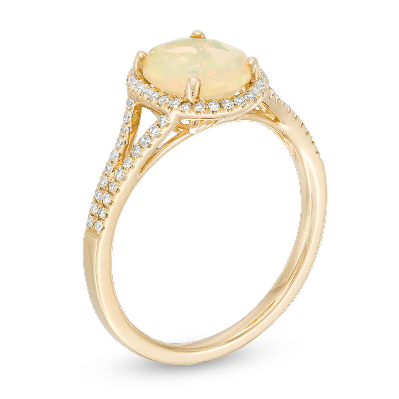 Main Image 2 of Oval Opal and 1/5 CT. T.W. Diamond Frame Split Shank Ring in 10K Gold