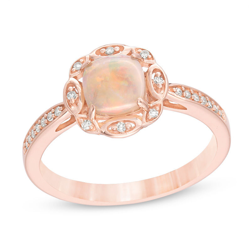 Main Image 1 of 6.0mm Cushion-Cut Opal and Diamond Accent Floral Ring in 10K Rose Gold