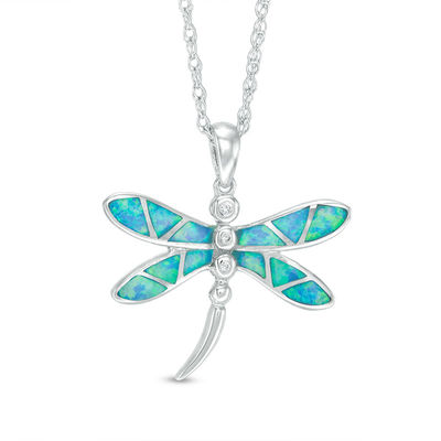 Lab Created Blue Opal Dragonfly .925 Sterling Silver Pendant 