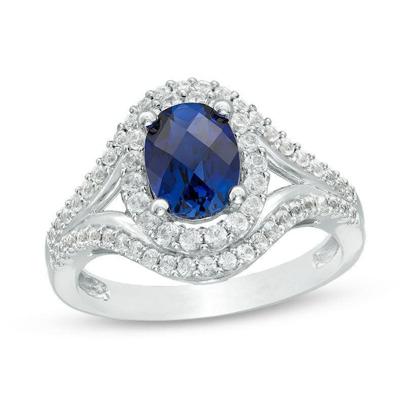 Main Image 1 of Oval Lab-Created Blue and White Sapphire Frame Split Shank Ring in Sterling Silver
