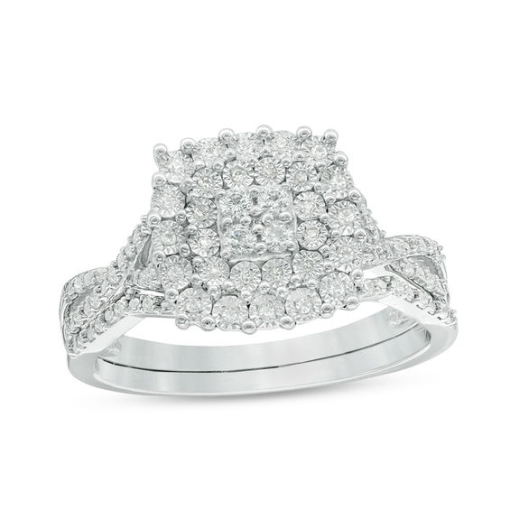 1/4 CT. T.w. Composite Diamond Cushion Frame Twist Bridal Set in Sterling Silver