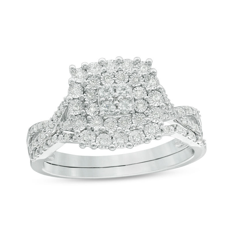 Main Image 1 of 1/4 CT. T.W. Composite Diamond Cushion Frame Twist Bridal Set in Sterling Silver