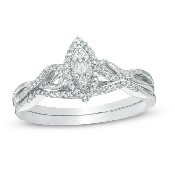 1/8 CT. T.w. Composite Diamond Marquise Frame Twist Bridal Set in Sterling Silver