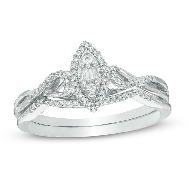 Main Image 1 of 1/8 CT. T.W. Composite Diamond Marquise Frame Twist Bridal Set in Sterling Silver