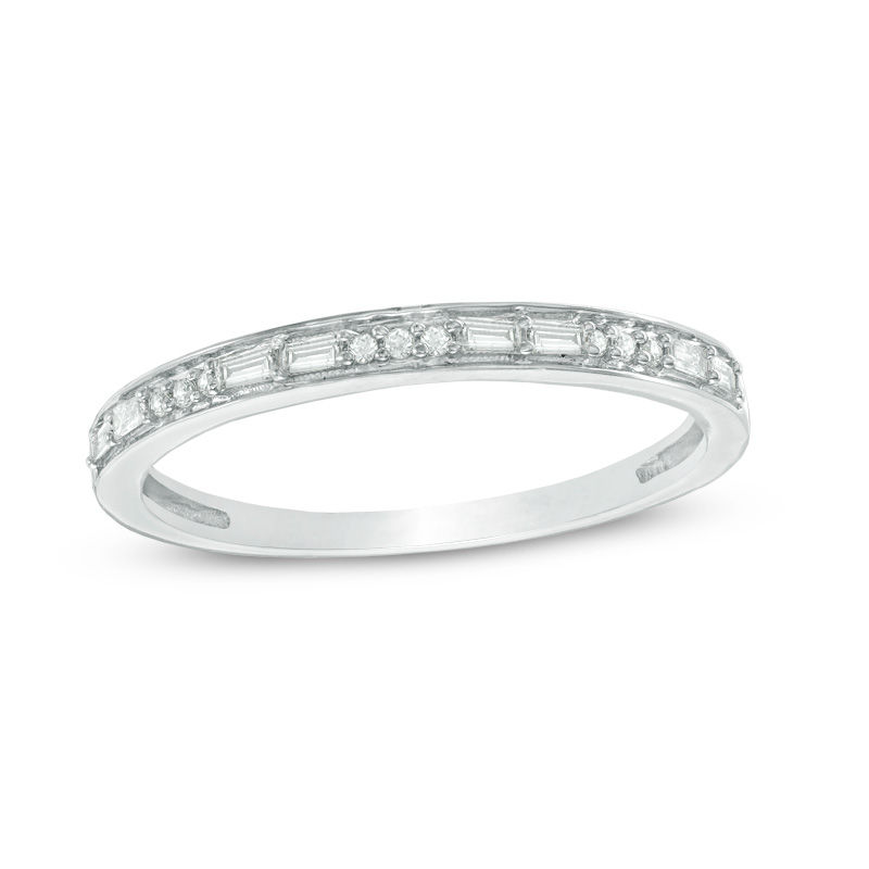 1/8 CT. T.W. Baguette and Round Diamond Alternating Diamond Anniversary Band in 10K White Gold