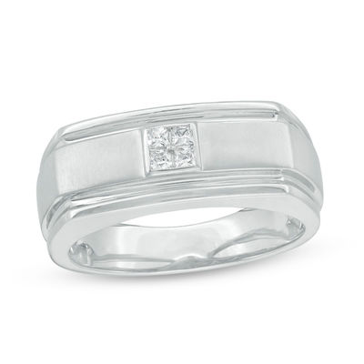 Men S 1 8 Ct T W Quad Princess Cut Diamond Groove Edge Wedding Band In 10k White Gold Zales