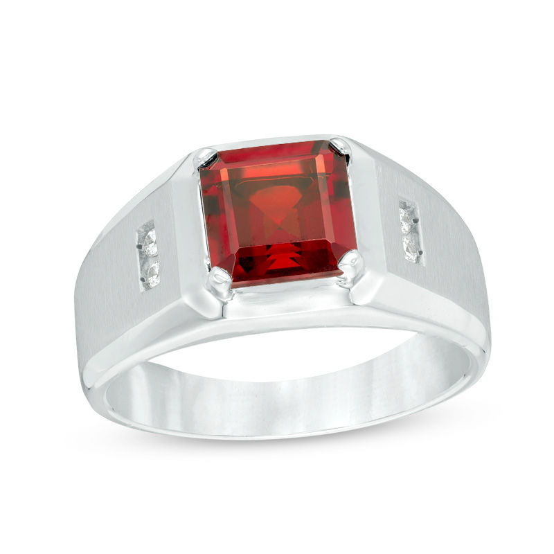Main Image 1 of Men's Emerald-Cut Garnet and 1/15 CT. T.W. Diamond Ring in Sterling Silver