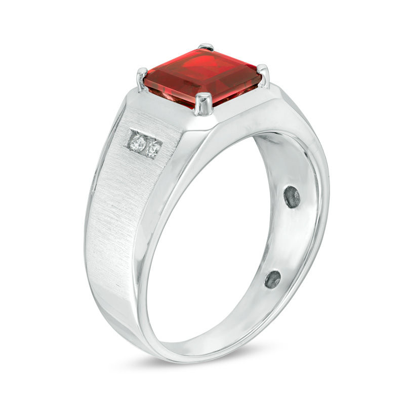 Main Image 2 of Men's Emerald-Cut Garnet and 1/15 CT. T.W. Diamond Ring in Sterling Silver