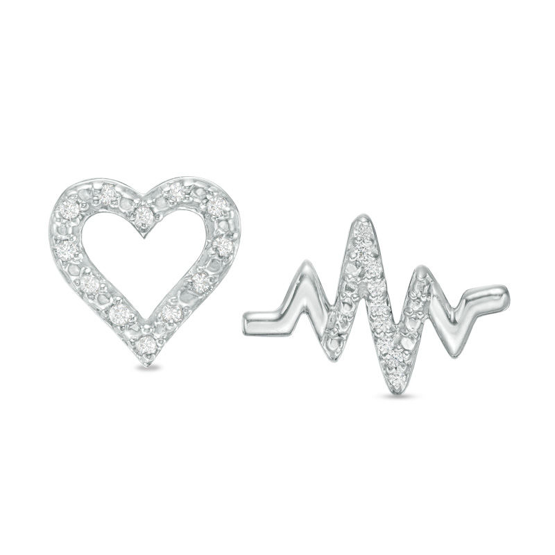 1/20 CT. T.W. Diamond Heart and Heartbeat Mismatch Stud Earrings in Sterling Silver