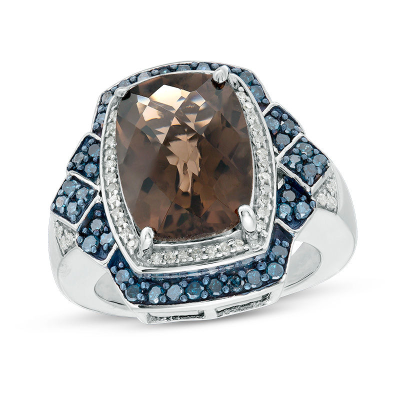 Cushion-Cut Smoky Quartz and 1/2 CT. T.W. Enhanced Blue and White Diamond Frame Geometric Ring in Sterling Silver