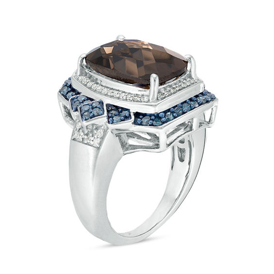 Cushion-Shaped Smoky Quartz and 1/2 CT. T.w. Enhanced Blue and White Diamond Frame Geometric Ring in Sterling Silver