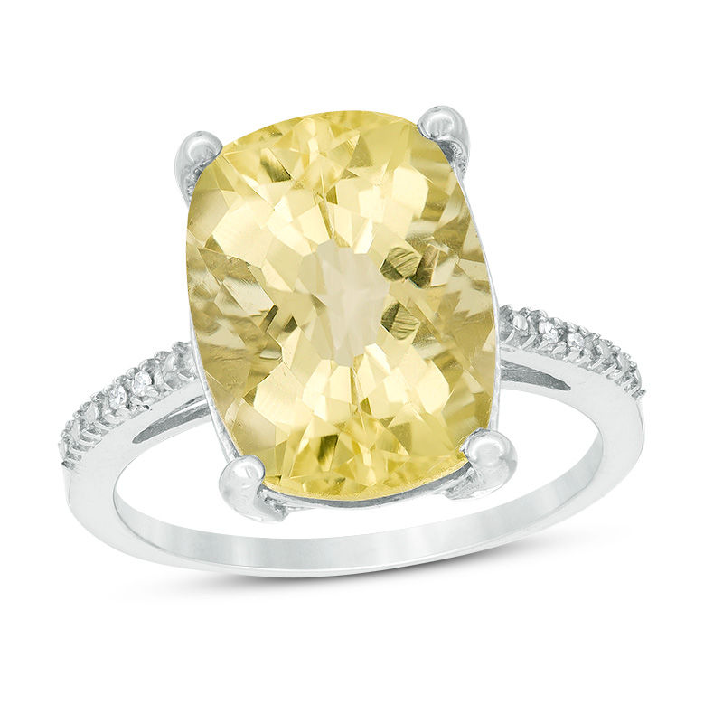 Main Image 1 of Cushion-Shaped Yellow Quartz and Diamond Accent Ring in Sterling Silver